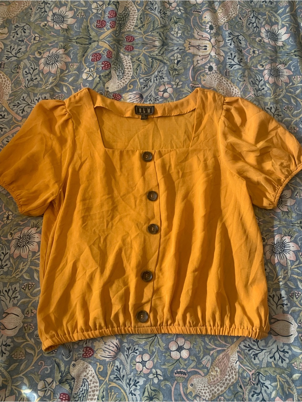 Yellow Square-Neck Button Front Puff Sleeve Blouse